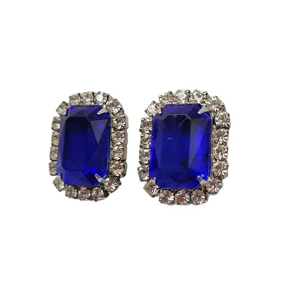 Large Silver Tone Blue Clear Rhinestone Clip Earrings Vintage 1" - Picture 2 of 5